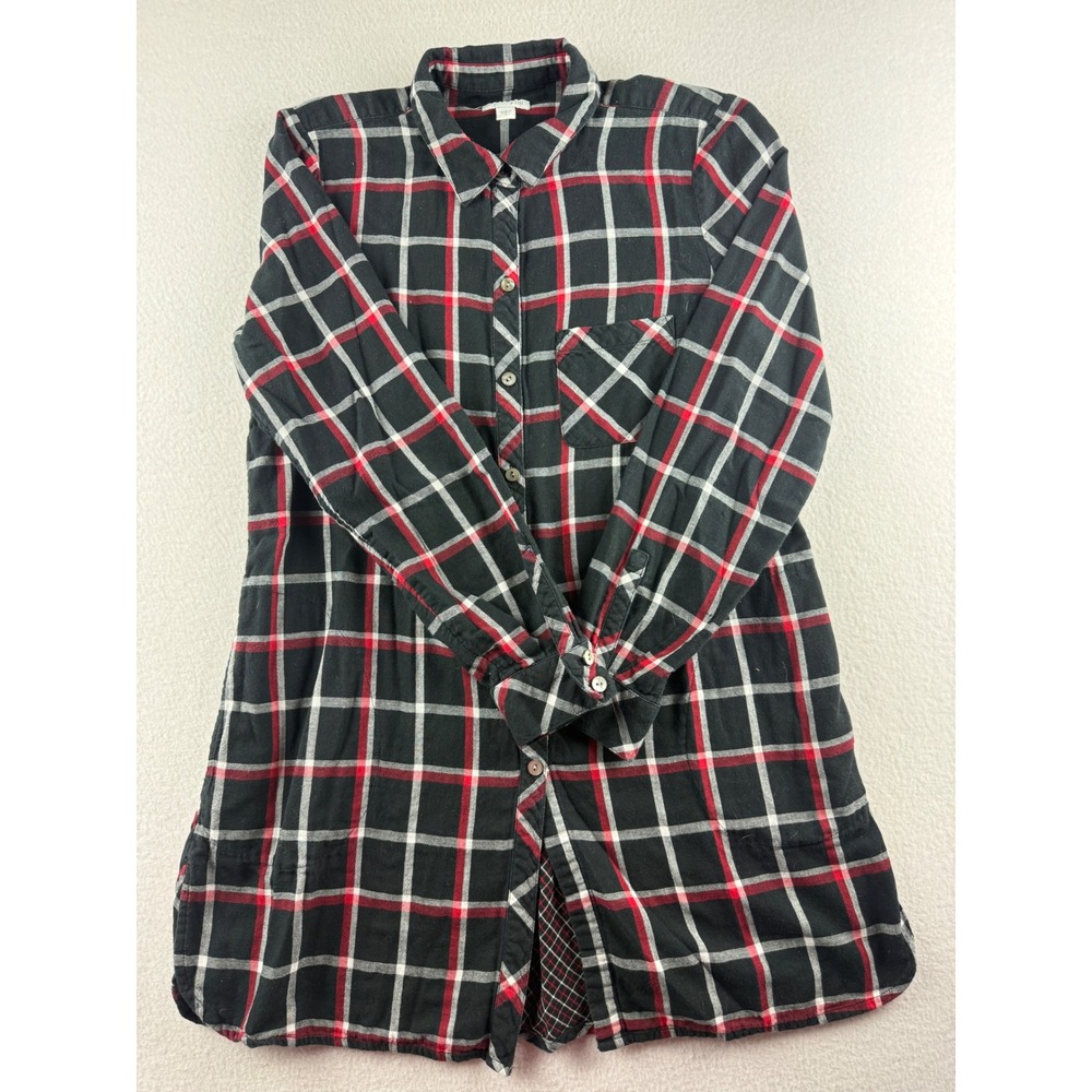 J. Jill Womens Small Black Red Plaid Cotton Button Down Tunic Shirt with Pockets